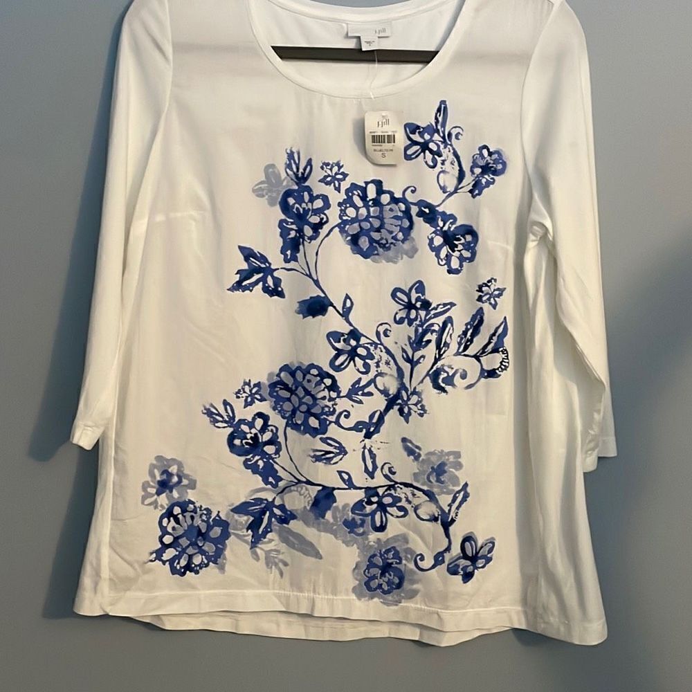 J. Jill Floral Scoop Neck White Cotton Shirt Small